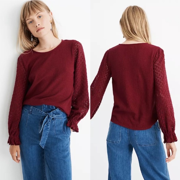 Madewell Sweaters - Madewell Texture & Thread Eyelet Mix Ruffle-Sleeve Sweater Top Burgundy L NWT